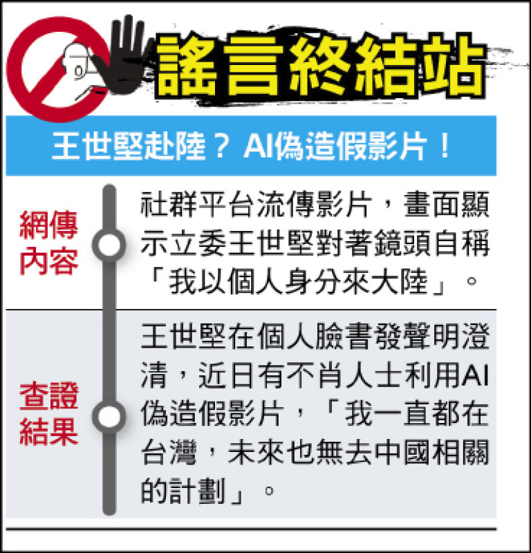 謠言終結站》王世堅赴陸？ AI偽造假影片！