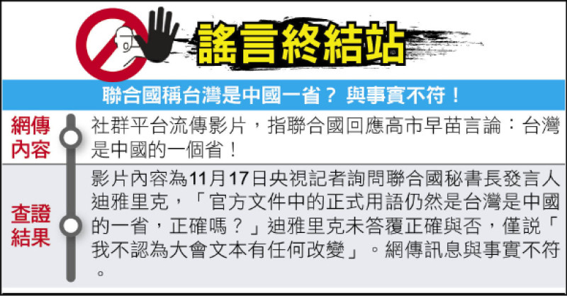 謠言終結站》聯合國稱台灣是中國一省？ 與事實不符！