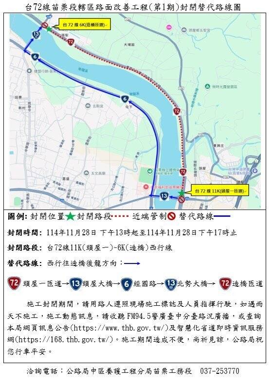 用路人注意！台72線造橋至苗栗段 11/28施工、分時段封閉