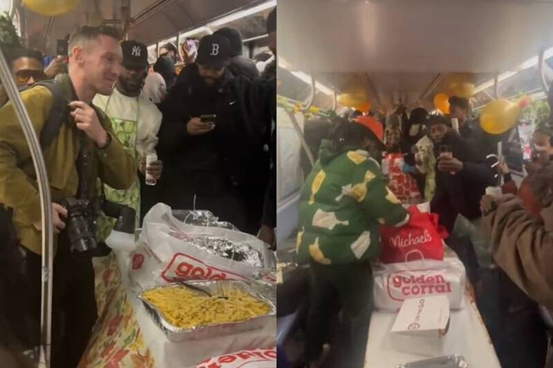 太狂！紐約地鐵搖身變感恩節餐廳 乘客一上車驚見滿桌佳餚