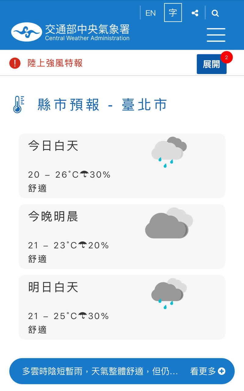 外出帶雨具 北市當心短暫雨