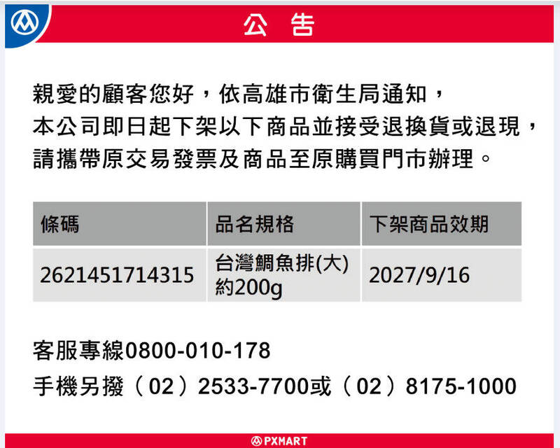 全聯台灣鯛魚排含動物用藥 高市已進出逾4000包公告下架、退貨