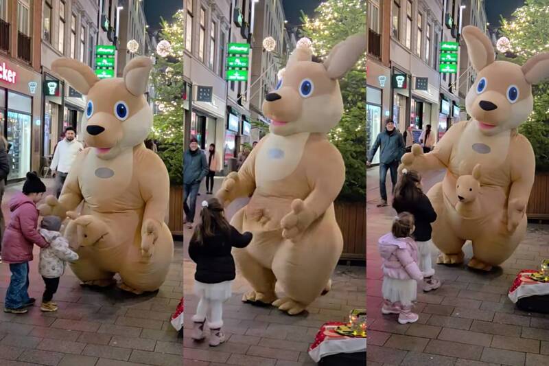 母湯喔！「袋鼠親子」現身街頭與民眾互動 全網一看影片壞笑