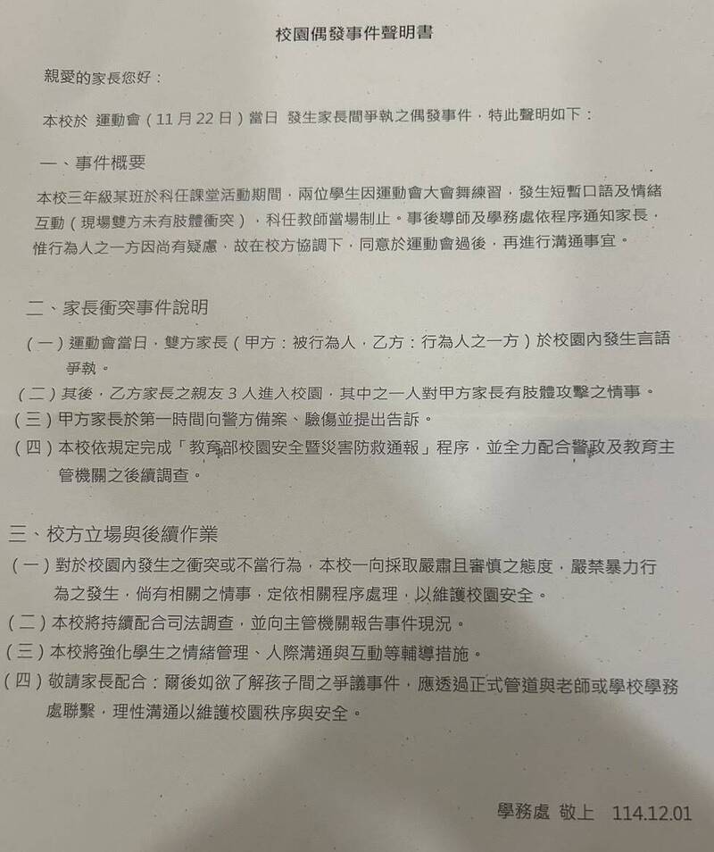 小學生起爭執家長代出頭爆衝突 校方10天後發聲明