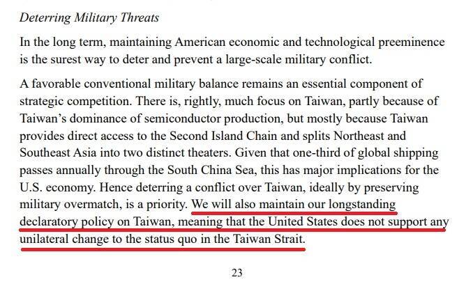 不支持片面改變台海現狀。（擷取自白宮官網《2025 National Security Strategy》PDF檔案）