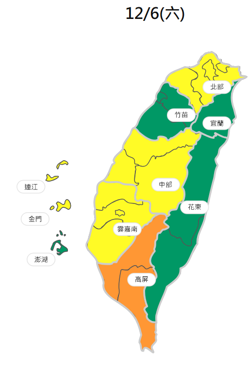 空品方面，竹苗、宜蘭、花東空品區及澎湖為「良好」等級；北部、中部、雲嘉南空品區及馬祖、金門為「普通」等級；高屏空品區為「橘色提醒」等級。（擷取自環境部空氣品質監測網）