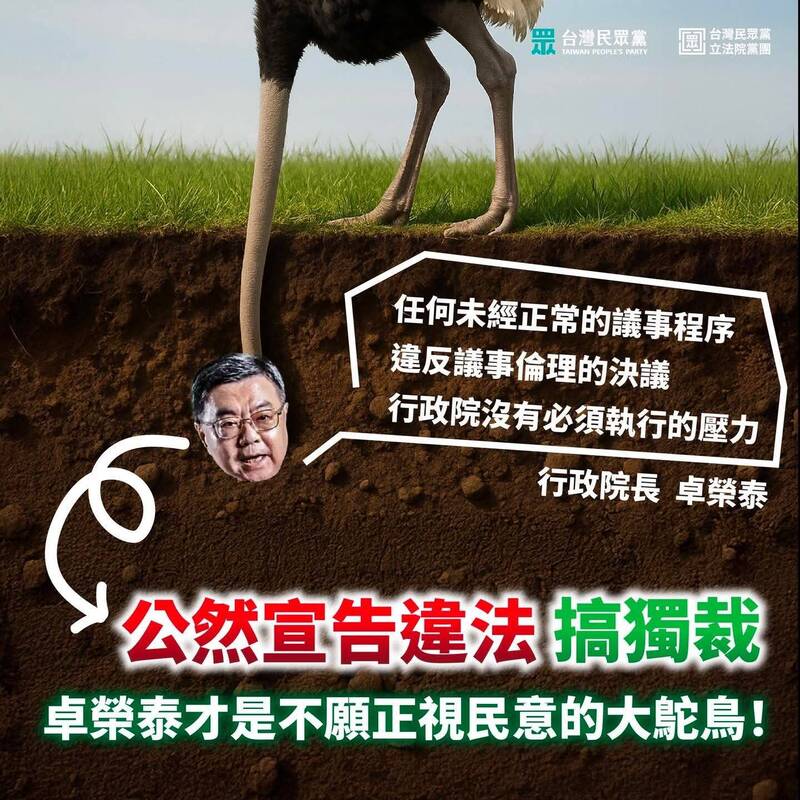 卓榮泰不執行立院三讀財劃法 民眾黨團批「違法大鴕鳥」