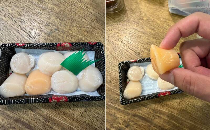 有民眾日前向水產店購買了一盒生干貝，回家後發現其中一顆為橘色，非一般人認知中的乳白色。（漁爸海鮮授權使用）
