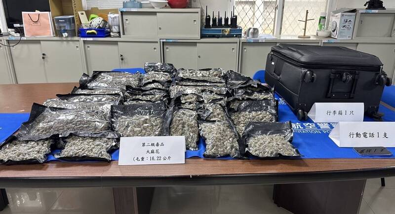 關務署臺北關與航警局安全檢查大隊於10月間查獲吳姓女子託運行李內夾藏30餘包大麻花。（航警局提供）