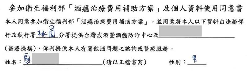 廖姓男子同意接受酒瘾治疗。（桃园分署提供）
