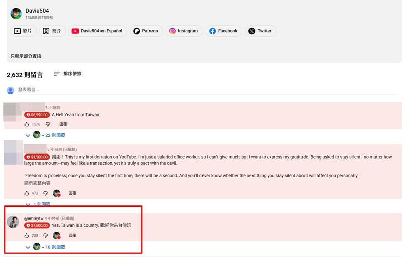 胡采蘋捐了7500元。（圖擷自「Davie504」YT頻道）
