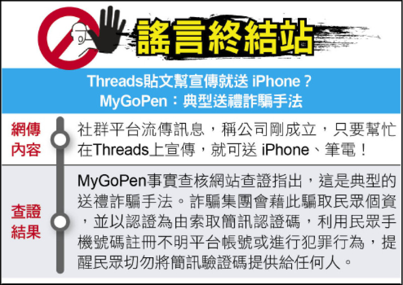 謠言終結站》Threads貼文幫宣傳就送 iPhone?MyGoPen:典型送禮詐騙手法