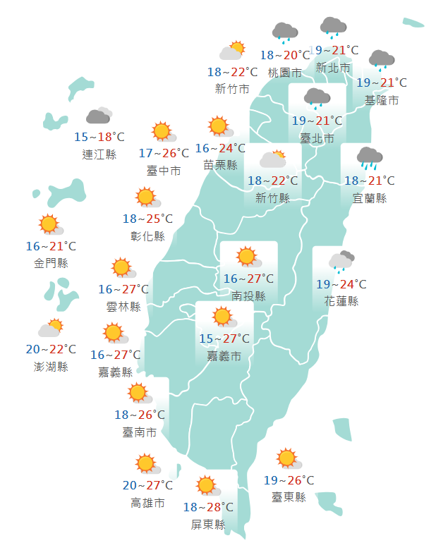 今日各地天氣預報概況。（圖擷取自中央氣象署）