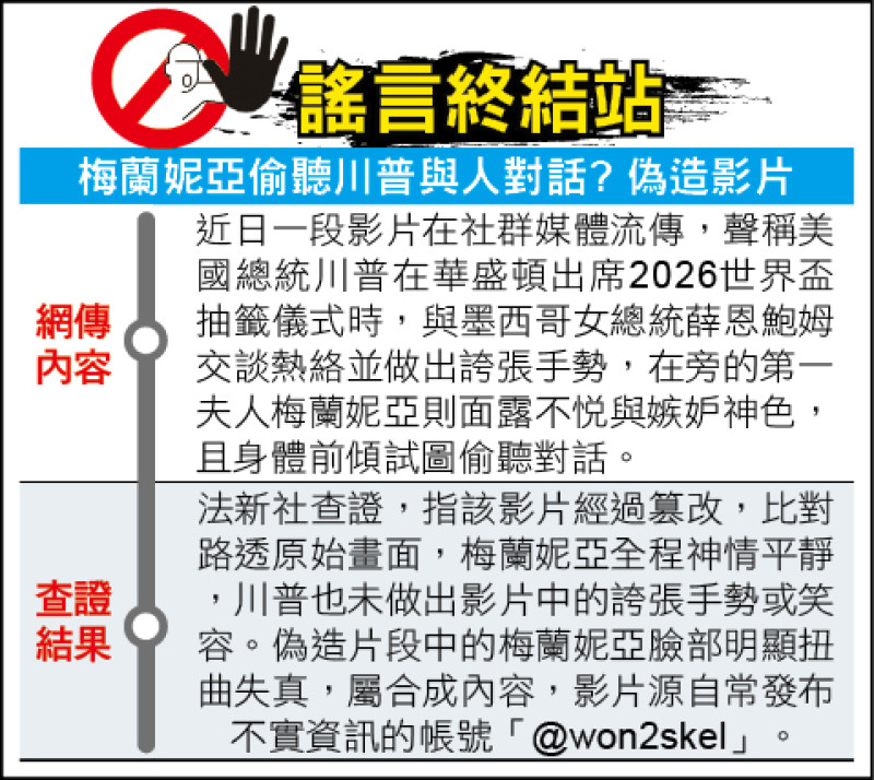 謠言終結站》梅蘭妮亞偷聽川普與人對話? 偽造影片