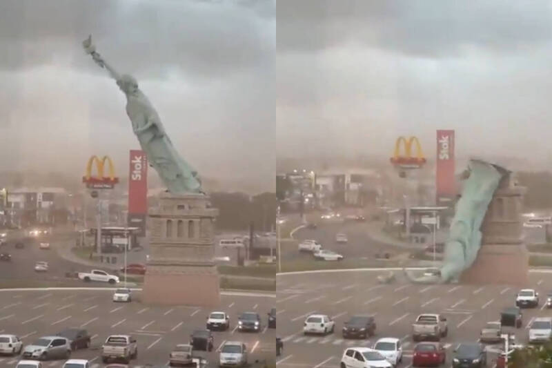 驚險畫面曝光!強風狂襲巴西南部 35公尺高自由女神像倒塌