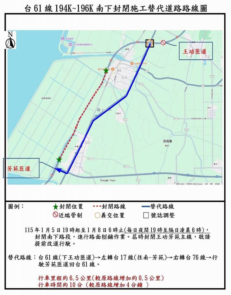 注意!西濱彰化王功~芳苑1/5至1/11路面刨除 改道路線曝