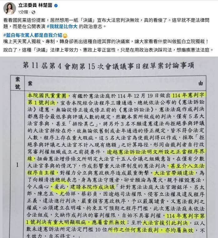 藍提案指憲判無效 綠委批：用政治表決踩司法、零法律效力