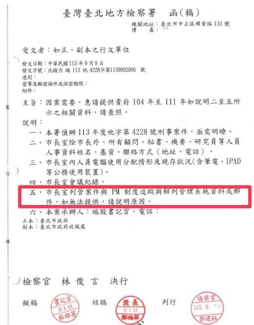 去年9月9日，北检向北市府发函，索取4大类资料。（读者提供）