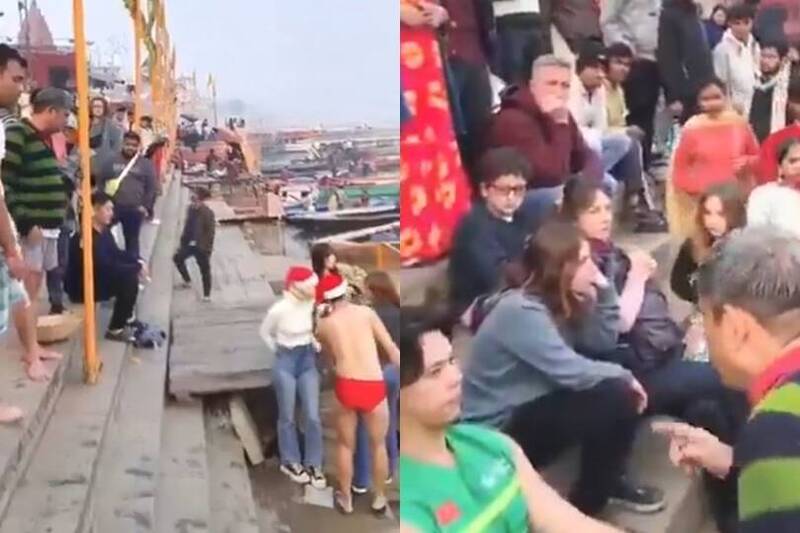 一群男女日本游客穿著泳衣,头戴圣诞老人帽,准备进入恒河内游泳,不料突然遭到当地民众包围呛声。(合成图,图撷自X) 一群男女日本游客穿著泳衣,头戴圣诞老人帽,准备进入恒河内游泳,不料突然遭到当地民众包围呛声。(合成图,图撷自X)