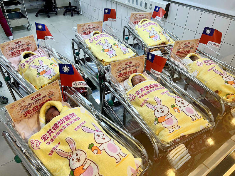 Babies born on New Year’s Day lie in cribs at Hungchi Women and Children’s Hospital in Taoyuan yesterday.
Photo courtesy of Hungchi Women and Children’s Hospital