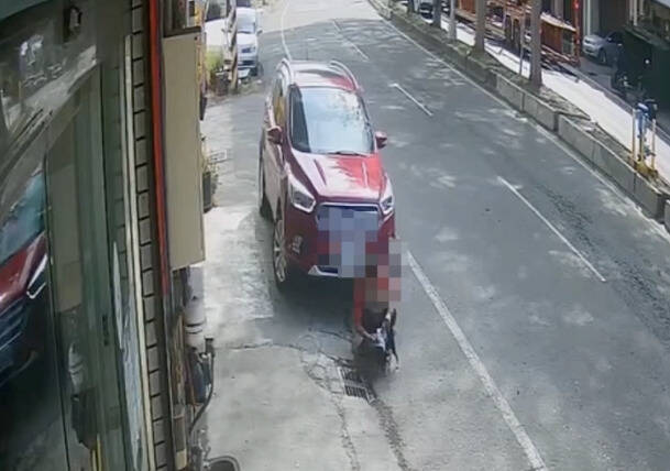 陈女蹲在店门口逗弄爱犬,遭后方休旅车直接撞上。(民众提供) 陈女蹲在店门口逗弄爱犬,遭后方休旅车直接撞上。(民众提供)