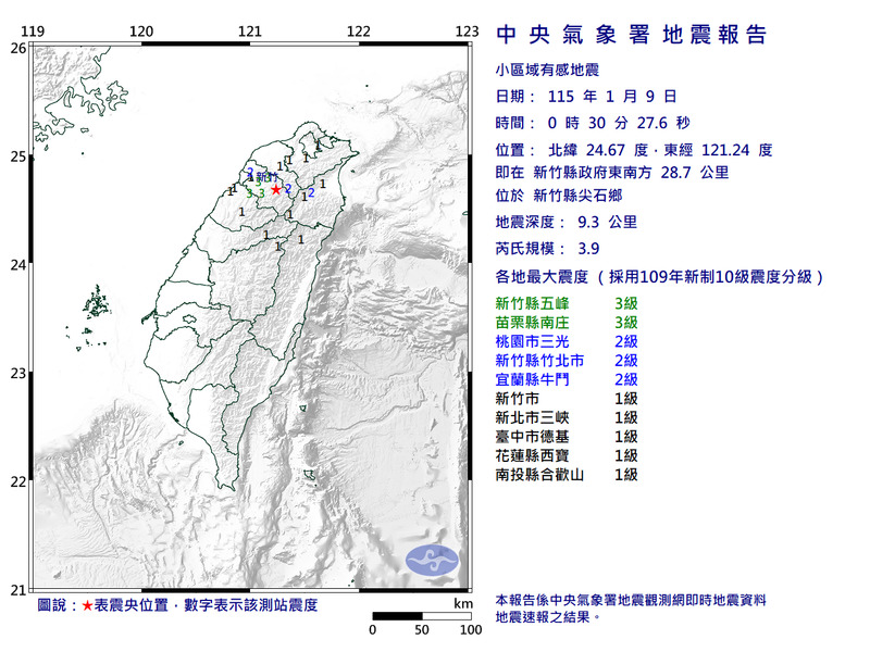 新竹尖石00:30規模3.9地震 最大震度3級