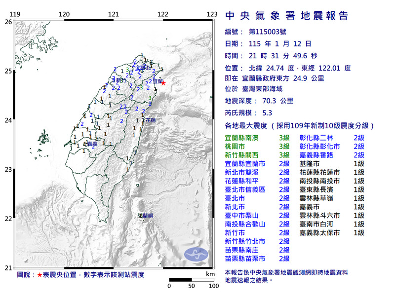 台灣東部海域今晚21:31發生規模5.3地震，最大震度3級。（圖擷取自中央氣象署）