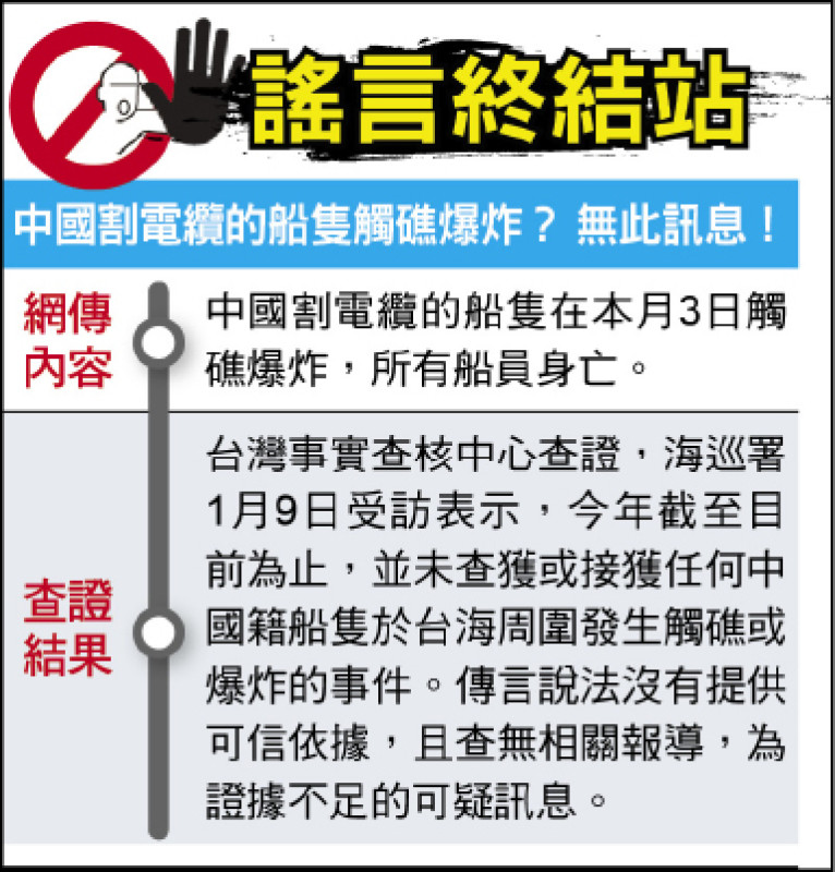 謠言終結站》中國割電纜的船隻觸礁爆炸？ 無此訊息！