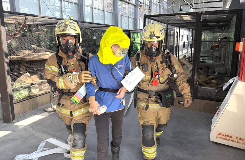 学甲顽皮世界野生动物园今天举行消防抢救演练，模拟遭遇无差别攻击事件，遭人为纵火并造成大量人员伤亡，消防人员演练从火场救出伤患。（第三救灾救护大队提供）