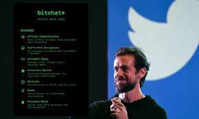 推特（現為X）共同創辦人多錫（右）推出的離線通訊軟體「Bitchat」（左），主打利用「藍牙網狀網絡」技術，在無網路環境下也能加密傳訊。（合成圖片，法新社／取自軟體官網）