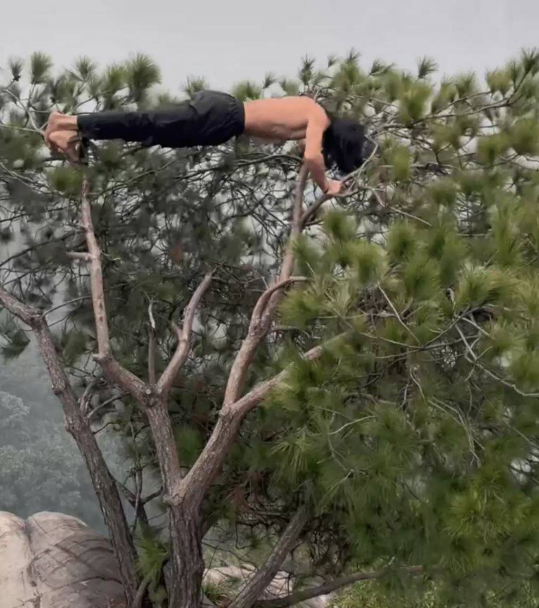 重慶男子赤膊峭壁樹上做伏地挺身同行揭真實身份