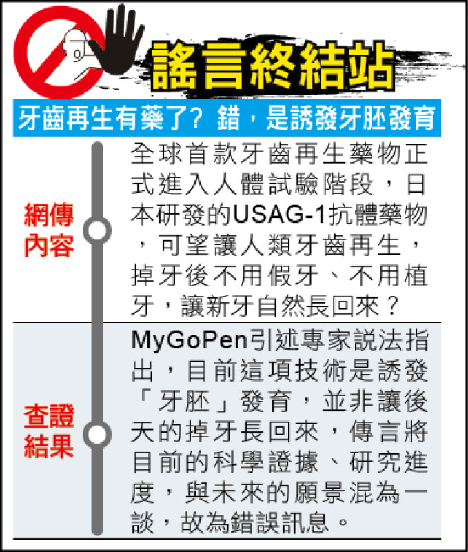 謠言終結站》牙齒再生有藥了? 錯,是誘發牙胚發育
