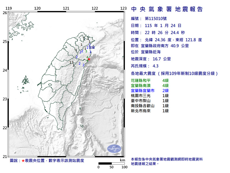 宜蘭近海22:26規模4.3地震 最大震度4級