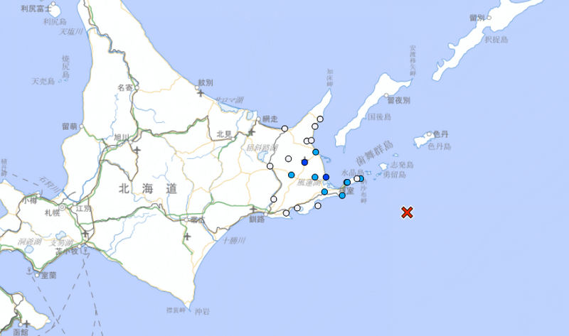 日本北海道根室半島東南方海域發生規模5.0地震。（圖擷自日本氣象廳官網）