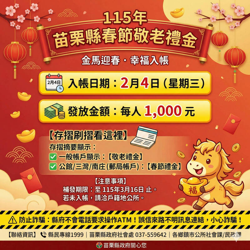 苗栗長輩提前領紅包! 1000元春節敬老禮金2/4發放