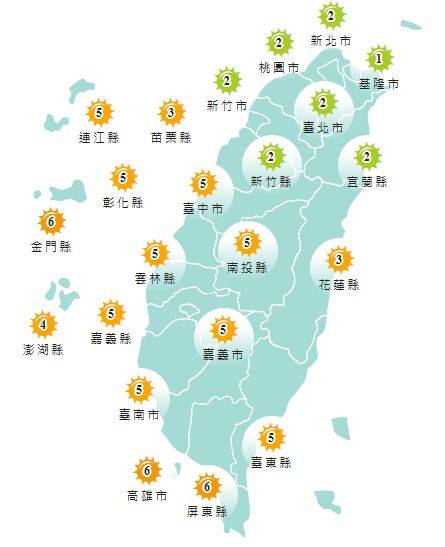 今日各地紫外線指數預報概況。（圖擷取自中央氣象署）
