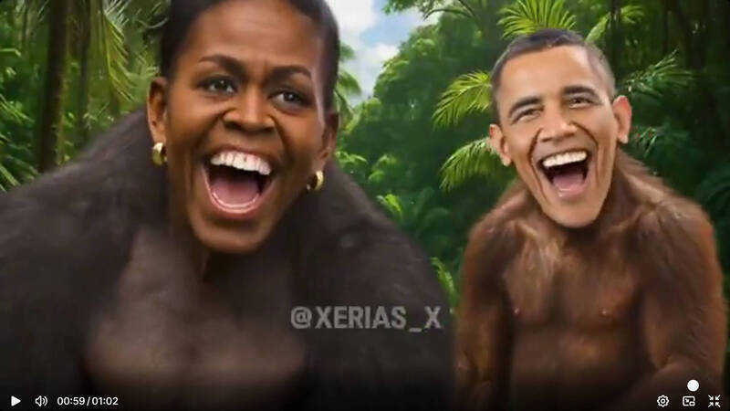 川普轉發的影片，將前總統歐巴馬夫婦描繪成猴子。（取自川普真實社群）