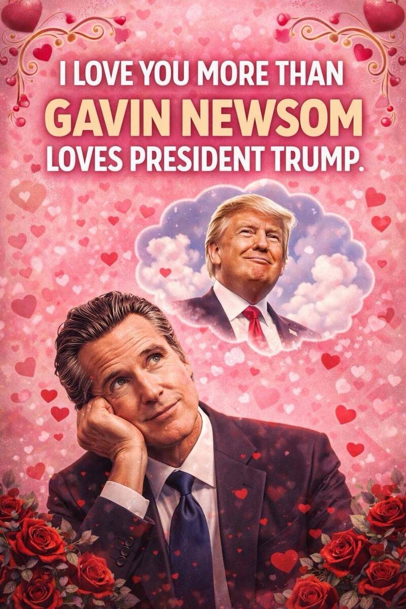 共和黨PO圖狠酸紐森 祝「川普最大的仰慕者」情人節快樂