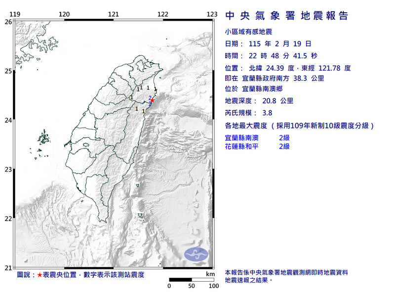 東部晚間地牛翻身!宜蘭南澳22:48規模3.8地震 最大震度2級