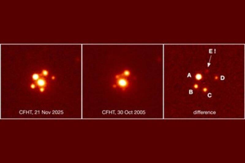 加法夏望遠鏡(CFHT)/MegaCam於去年11月21日拍攝的影像揭示SN 2025wny(SN Winny)「可能的第五個透鏡影像」,以字母E標示。(艾立安、陳婷琬、Stefan Taubenberger提供) 加法夏望遠鏡(CFHT)/MegaCam於去年11月21日拍攝的影像揭示SN 2025wny(SN Winny)「可能的第五個透鏡影像」,以字母E標示。(艾立安、陳婷琬、Stefan Taubenberger提供)