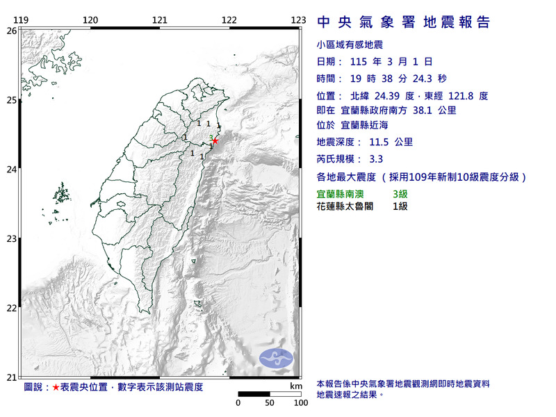宜蘭近海19:38規模3.3地震 最大震度3級