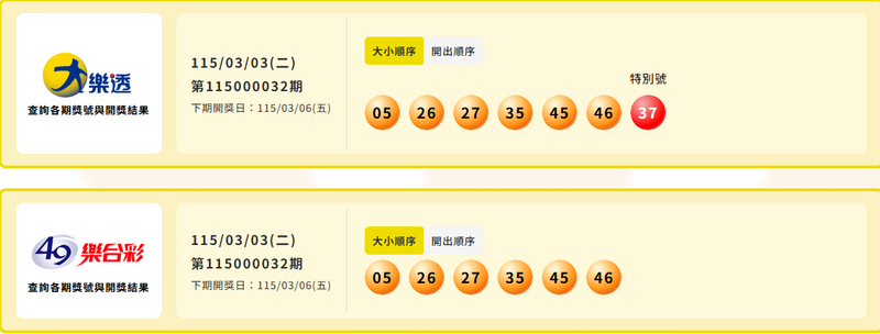 大樂透、49樂合彩中獎號碼。（擷取自台彩官網）