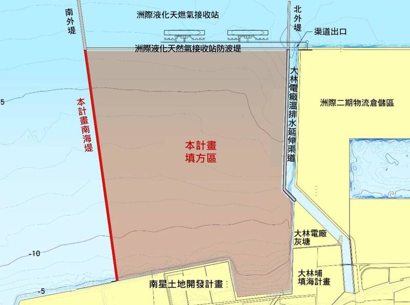 高雄港預計填海造陸，開發面積約508公頃，並新建南海堤2537公尺，填方量估達1億立方公尺。（翻攝自環說書）