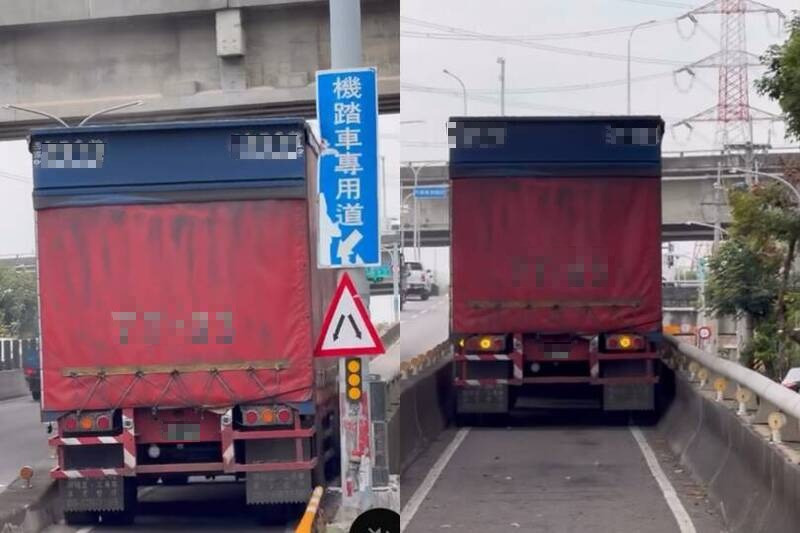 離譜!聯結車「直上」機車道 卡死整條路還刮壞路牌 網:駕照雞腿換的?