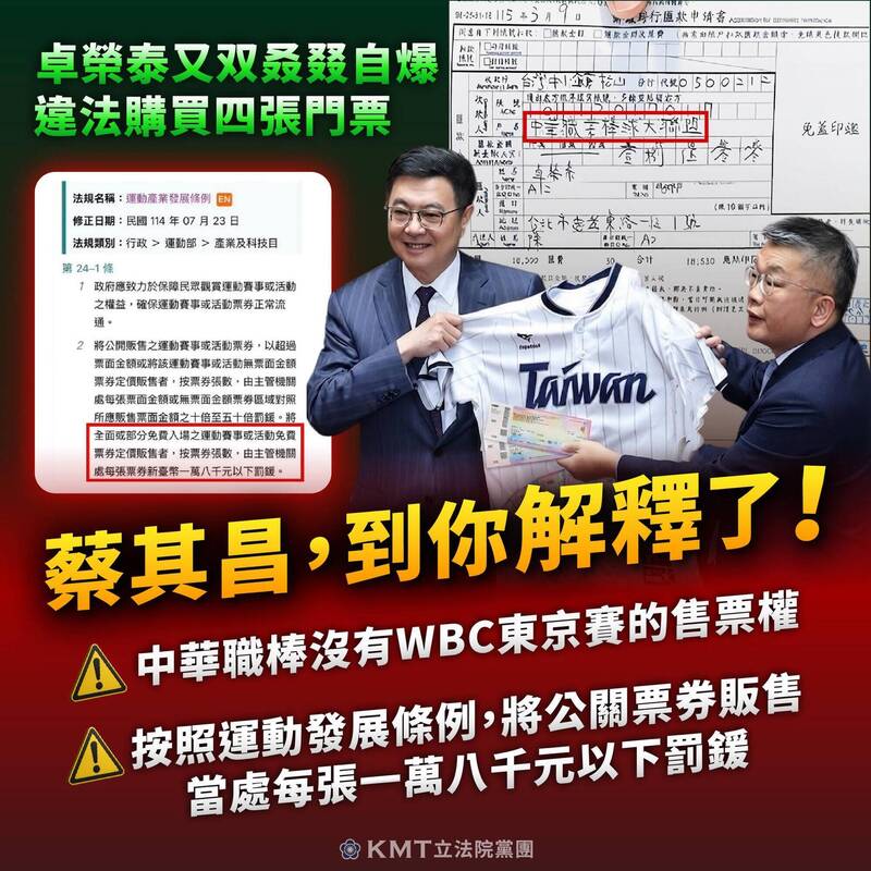 卓榮泰匯款中華職棒買經典賽門票 國民黨團喊要蔡其昌解釋