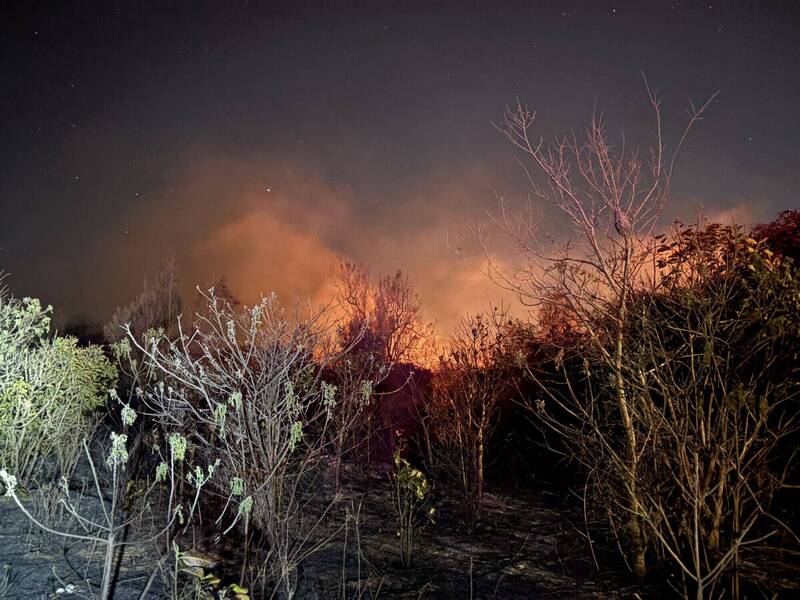 金門山后村鎮海宮附近驚傳草地火警，由於東北季風強勁，火勢越燒越旺，夜空反映出紅通通一片。（金門消防局提供）