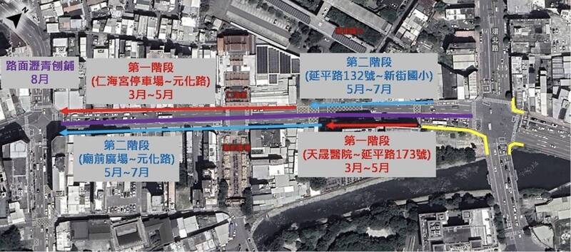 桃園中壢延平路透過調整車道與無障礙設施拓寬人行道,圖為預計施工期程。(桃園市養工處提供) 桃園中壢延平路透過調整車道與無障礙設施拓寬人行道,圖為預計施工期程。(桃園市養工處提供)
