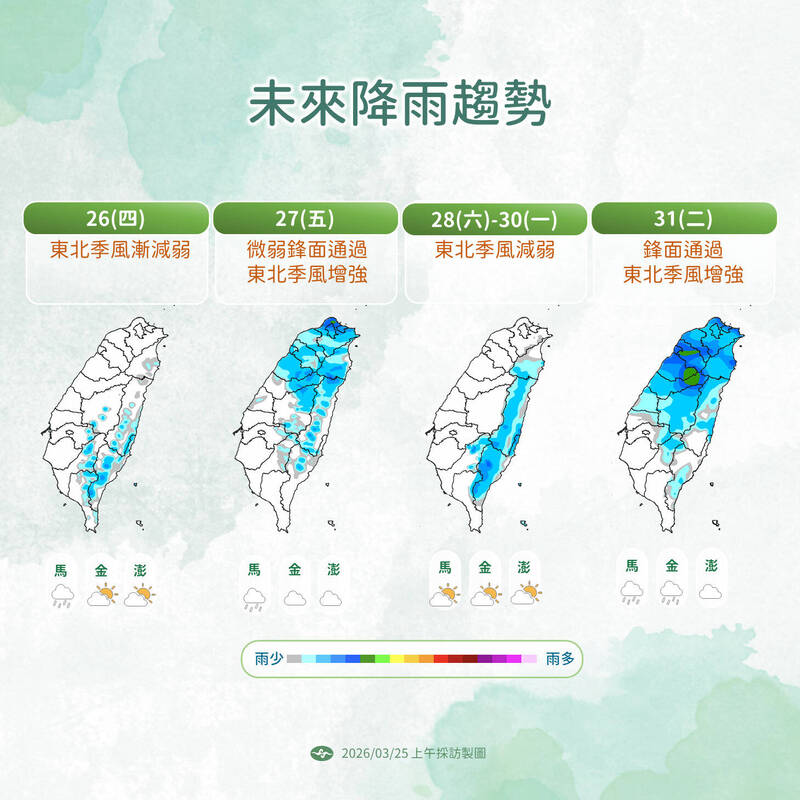 未來降雨趨勢。(圖由氣象署提供) 未來降雨趨勢。(圖由氣象署提供)