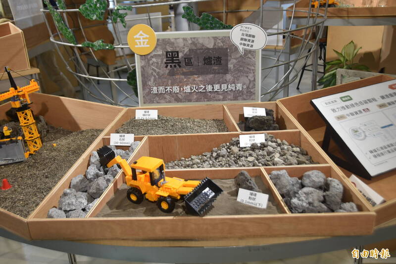 環境部舉辦「無機循環再設計展」，採用五行意象，金代表爐碴，是金屬製造時產生的廢棄物，仍可再利用替代為建材，而不再是廢物。（記者吳柏軒攝）