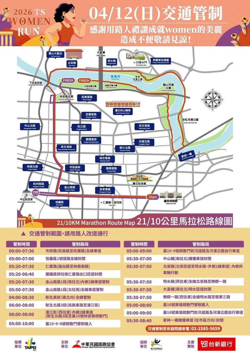 4/12「TS WOMEN RUN」路跑北市84條公車改道、128站位取消